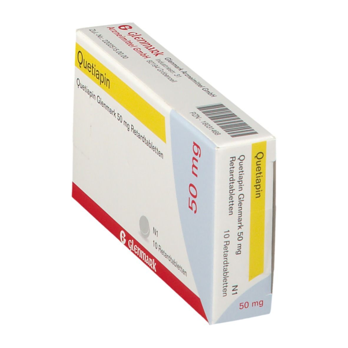Schachtel Quetiapin Glenmark 50 mg Retardtabletten. Aufschrift: 10 Retardtabletten. Marke Glenmark. Ansicht schräg.