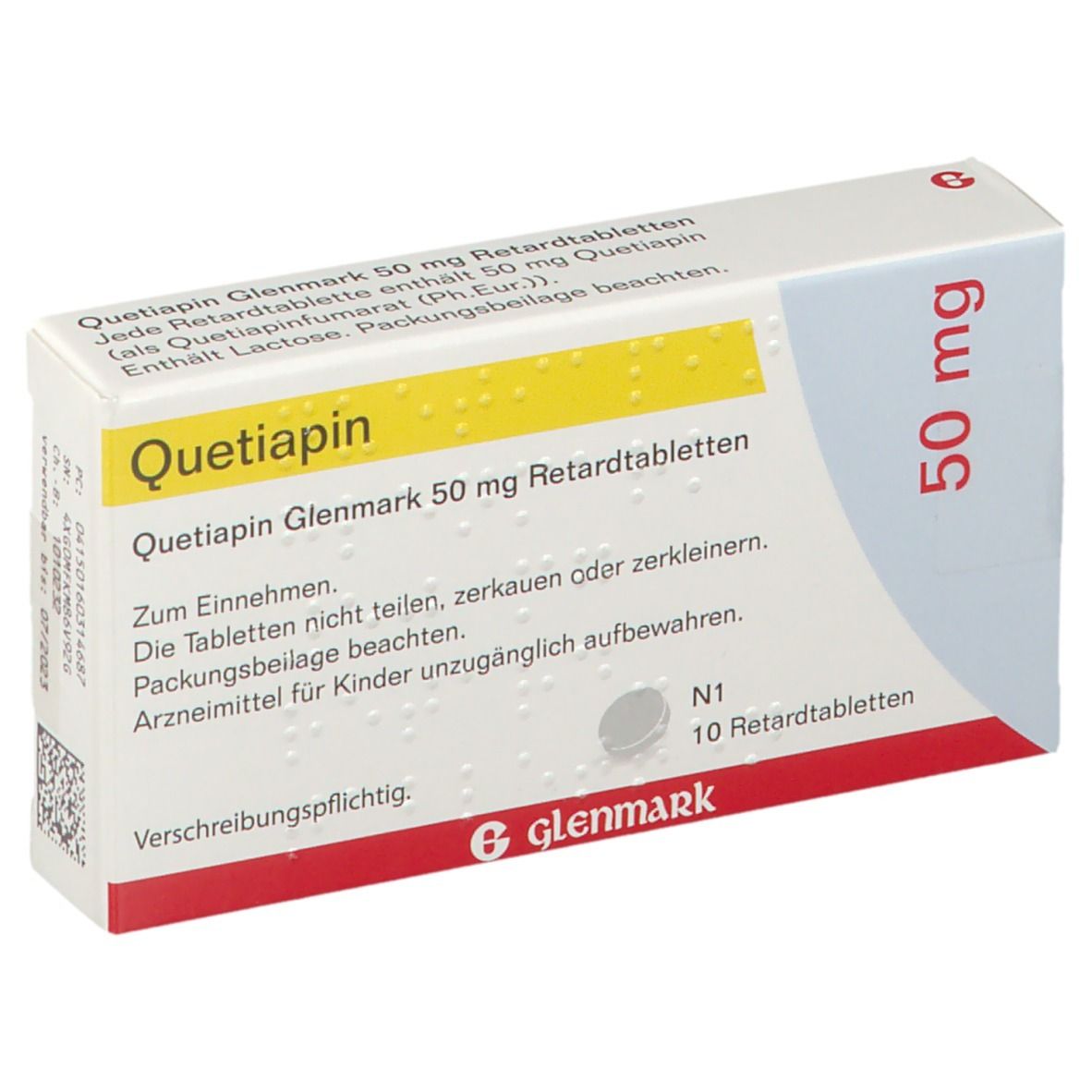 Schachtel Quetiapin Glenmark 50 mg Retardtabletten. Aufschrift: 10 Retardtabletten. Marke Glenmark. Text auf Deutsch.