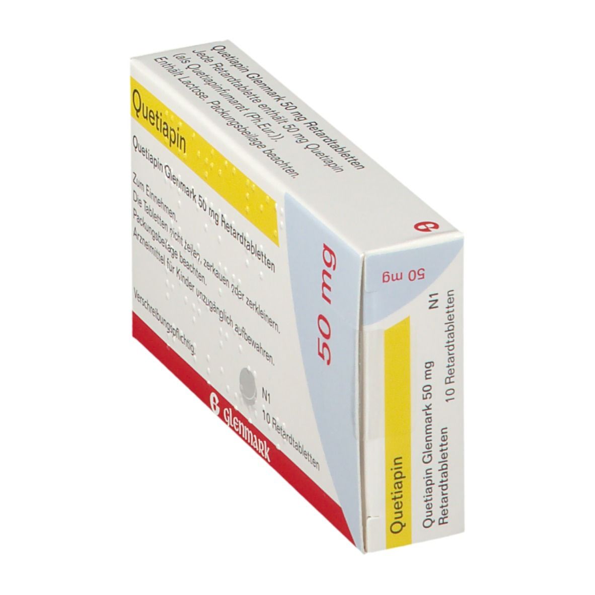 Schachtel Quetiapin Glenmark 50 mg Retardtabletten. Aufschrift: 10 Retardtabletten. Marke Glenmark. Ansicht schräg.