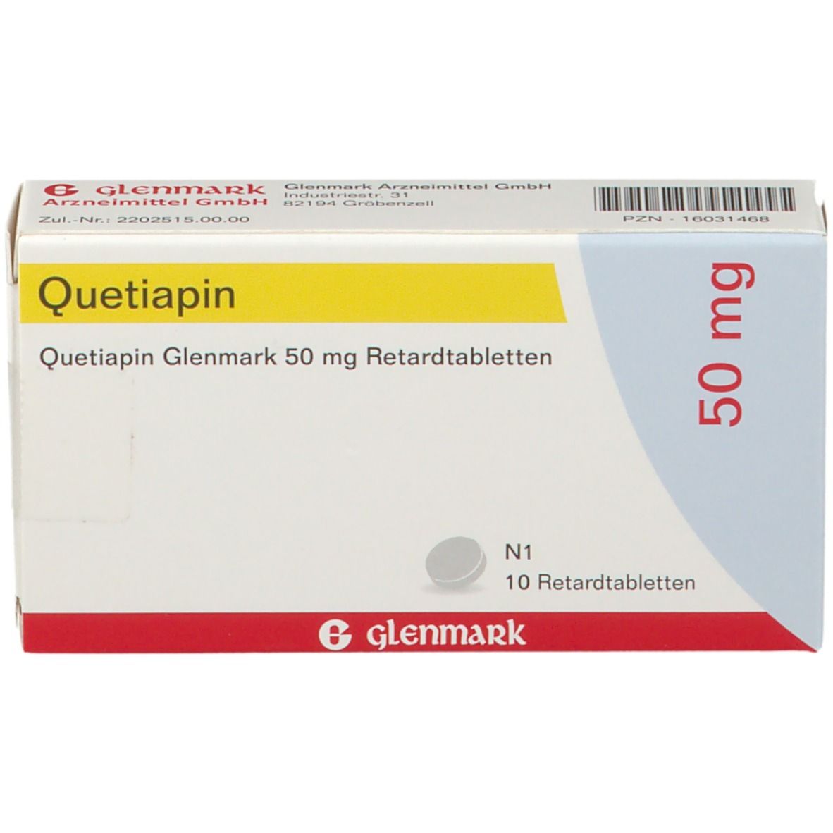 Schachtel Quetiapin Glenmark 50 mg Retardtabletten. Aufschrift: 10 Retardtabletten. Marke Glenmark. Gelber Streifen.