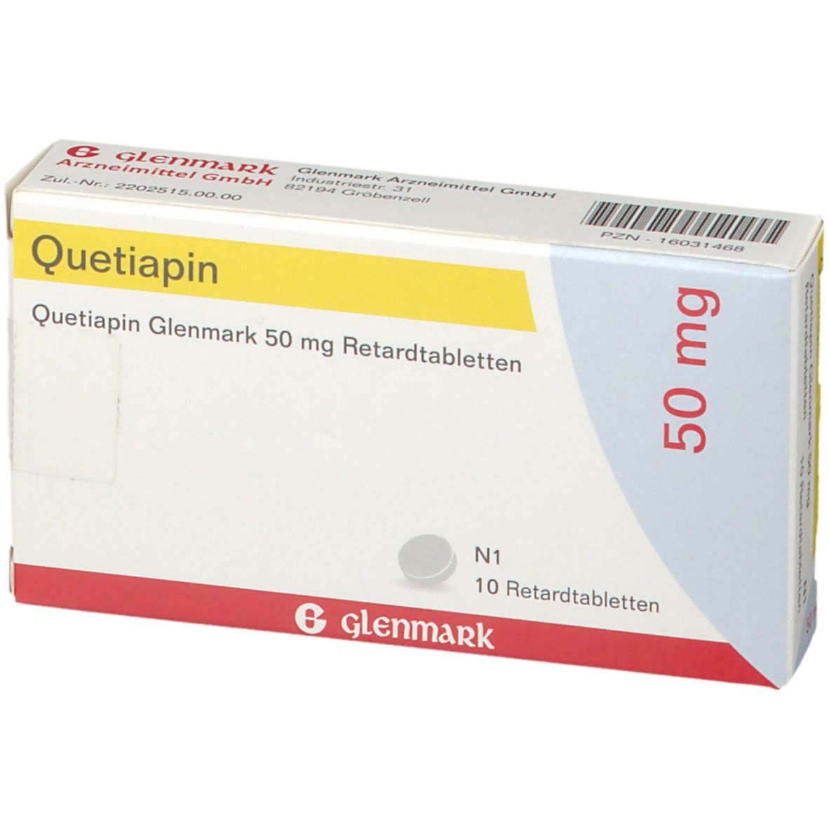 Schachtel Quetiapin Glenmark 50 mg Retardtabletten. Aufschrift: 10 Retardtabletten. Marke Glenmark. Gelber Streifen.