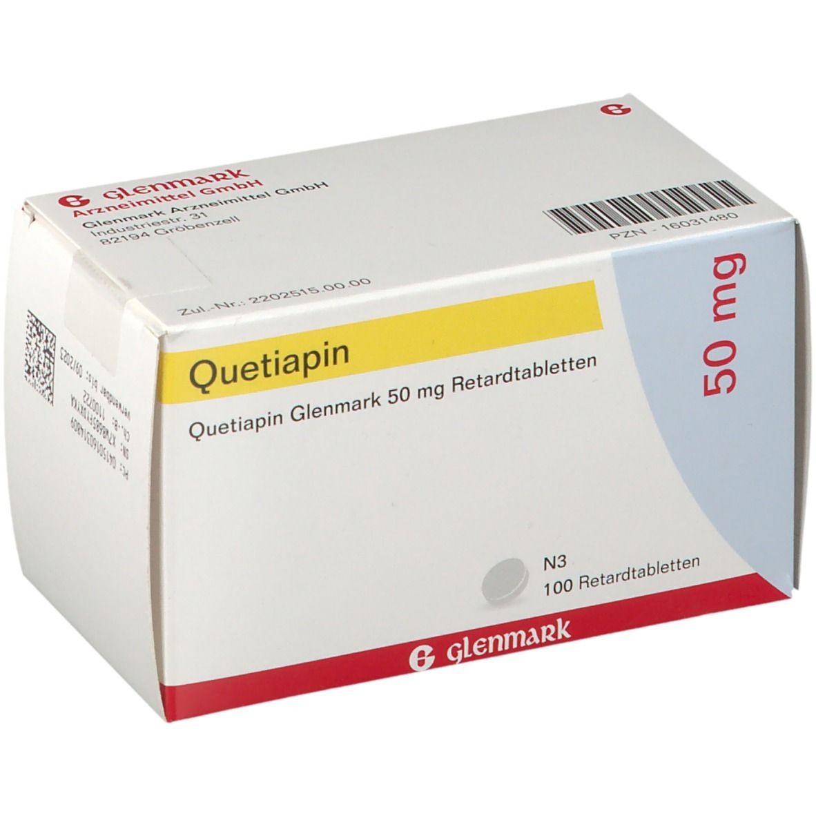 Quetiapin Glenmark 50 mg Retardtabletten. Weiße Schachtel mit roter und gelber Schrift. 100 Tabletten. Glenmark Logo.