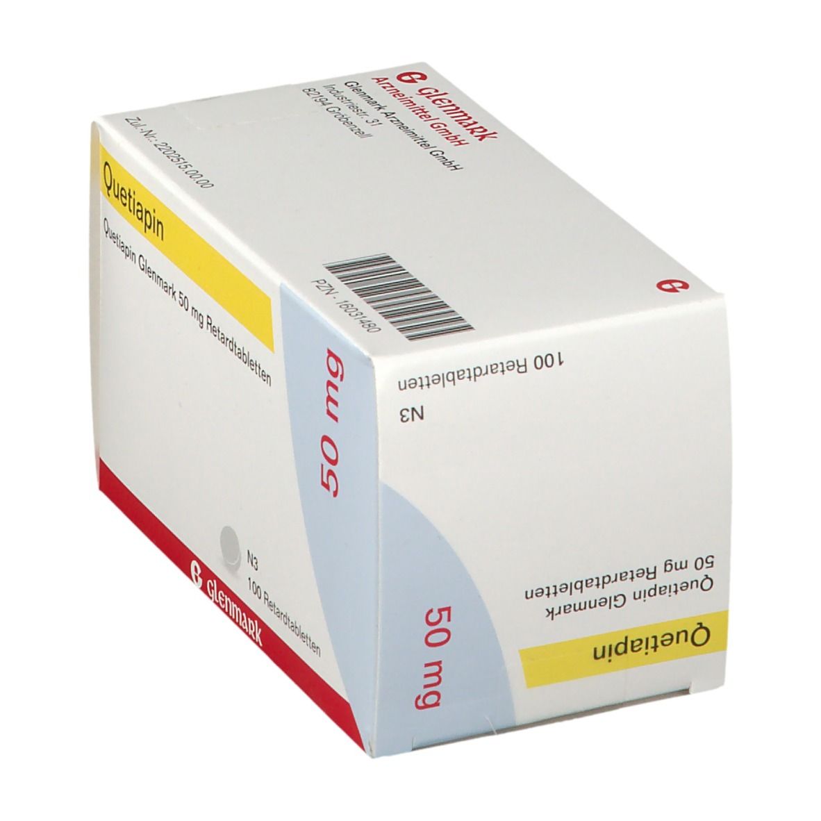 Quetiapin Glenmark 50 mg Schachtel, schräg. Weiße Verpackung mit gelber und roter Schrift. 100 Tabletten. Glenmark.