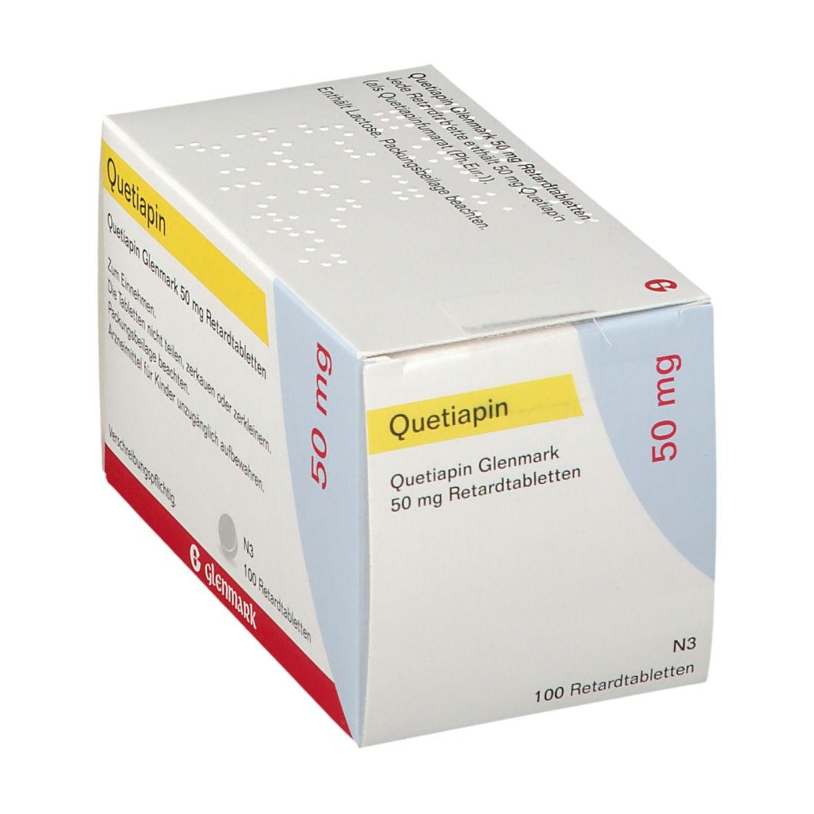Quetiapin Glenmark 50 mg Schachtel, schräg. Weiße Verpackung mit gelber und roter Schrift. 100 Tabletten. Glenmark.