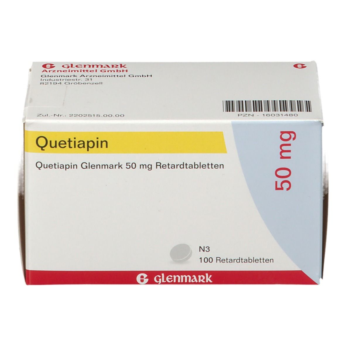 Quetiapin Glenmark 50 mg Retardtabletten. Weiße Schachtel mit gelber Schrift. 100 Tabletten. Glenmark Logo. Text in Deutsch.