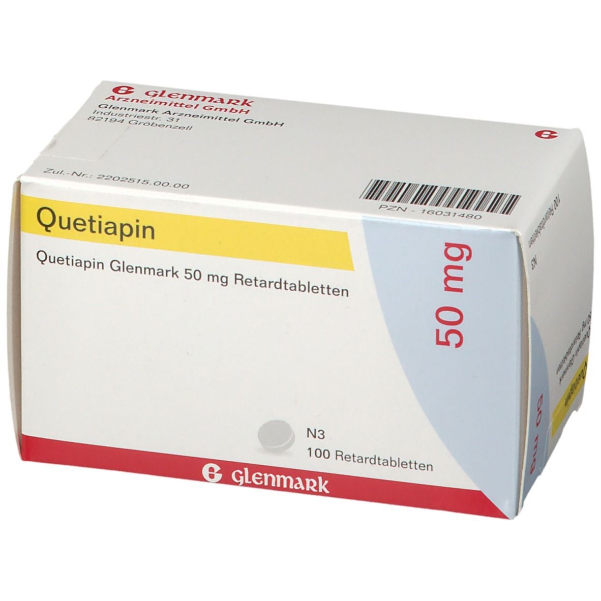 Quetiapin Glenmark 50 mg Schachtel. Weiße Verpackung mit gelber und roter Schrift. 100 Tabletten. Glenmark Logo.