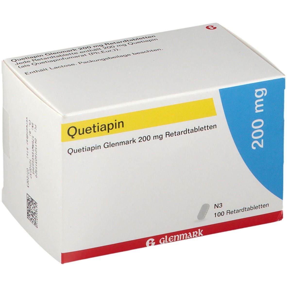 Quetiapin Glenmark 200 mg Retardtabletten-Packung. Weiße Schachtel mit gelben und blauen Akzenten. 100 Tabletten.