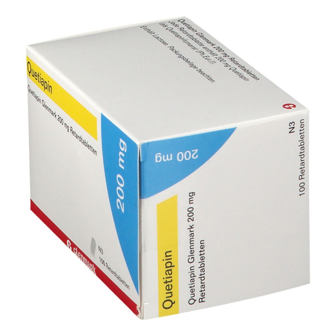 Quetiapin Glenmark 200 mg Packung. Weiße Schachtel mit gelben und blauen Akzenten. 100 Retardtabletten.
