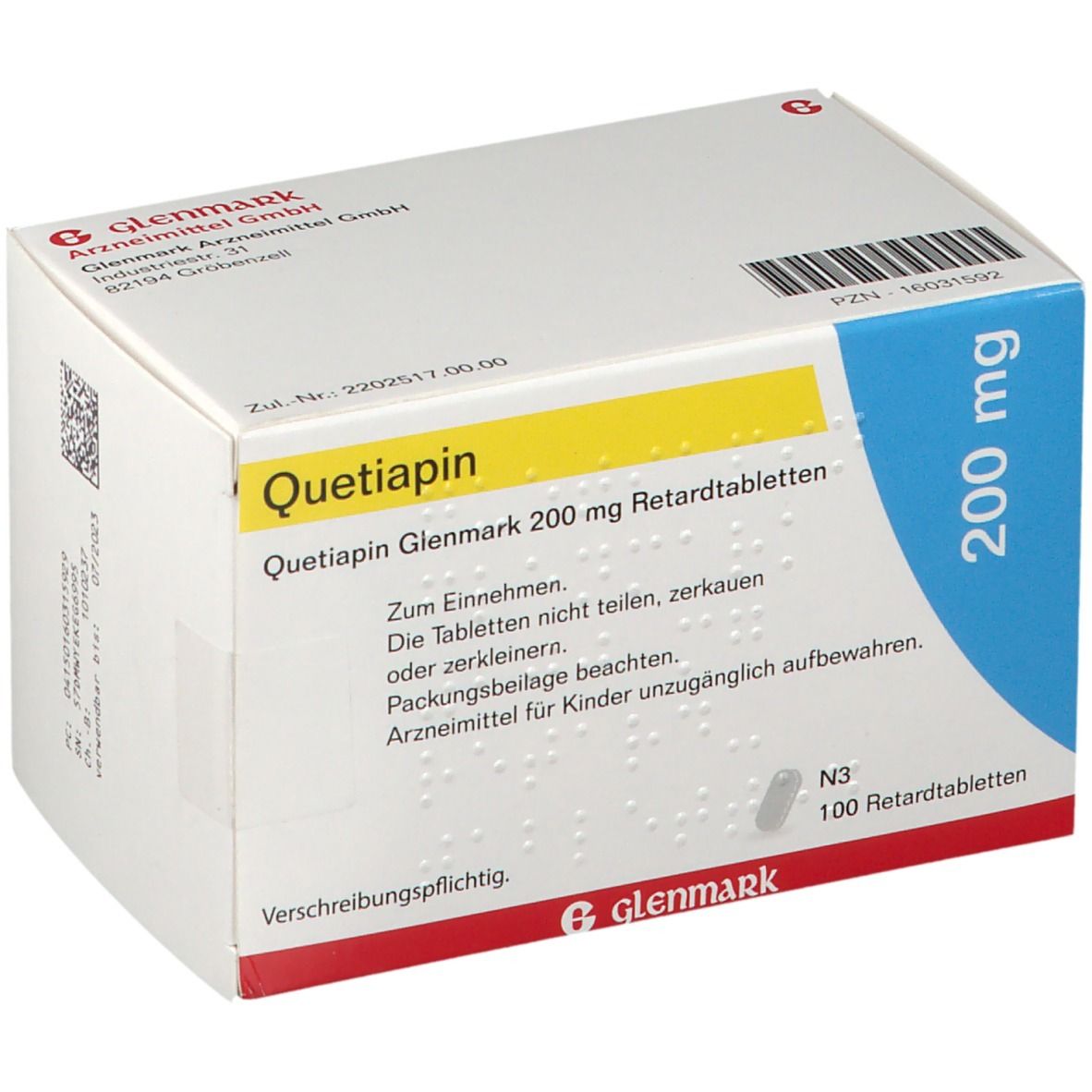 Quetiapin Glenmark 200 mg Packung. Weiße Schachtel mit gelben und blauen Akzenten. 100 Retardtabletten.