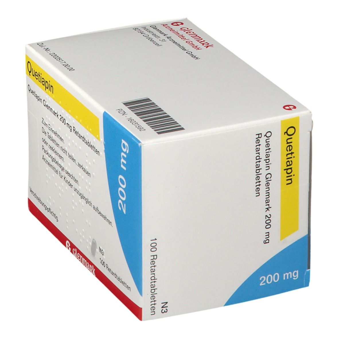 Quetiapin Glenmark 200 mg Packung. Weiße Schachtel mit gelben und blauen Akzenten. 100 Retardtabletten.