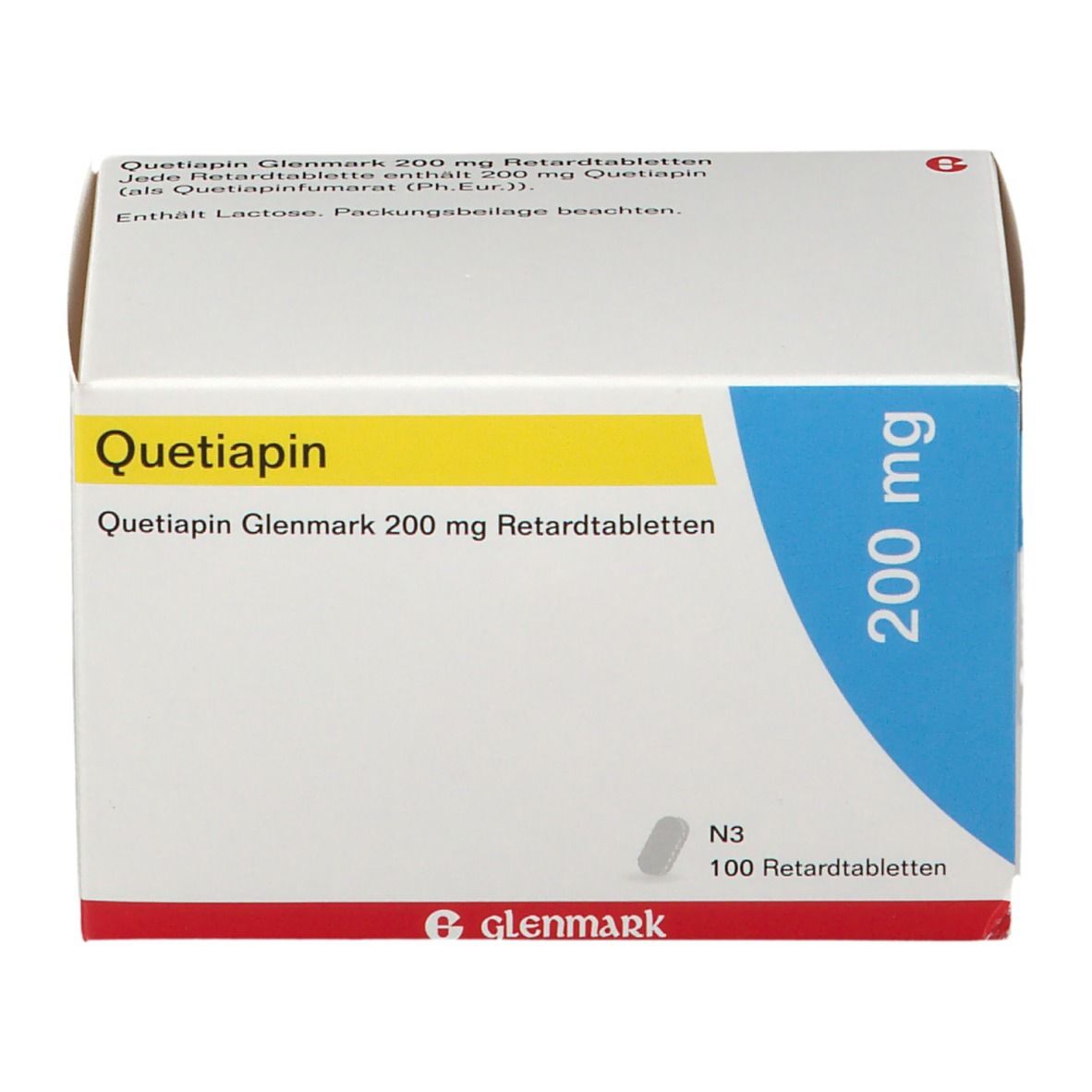 Quetiapin Glenmark 200 mg Packung. Weiße Schachtel mit gelben und blauen Akzenten. 100 Retardtabletten.