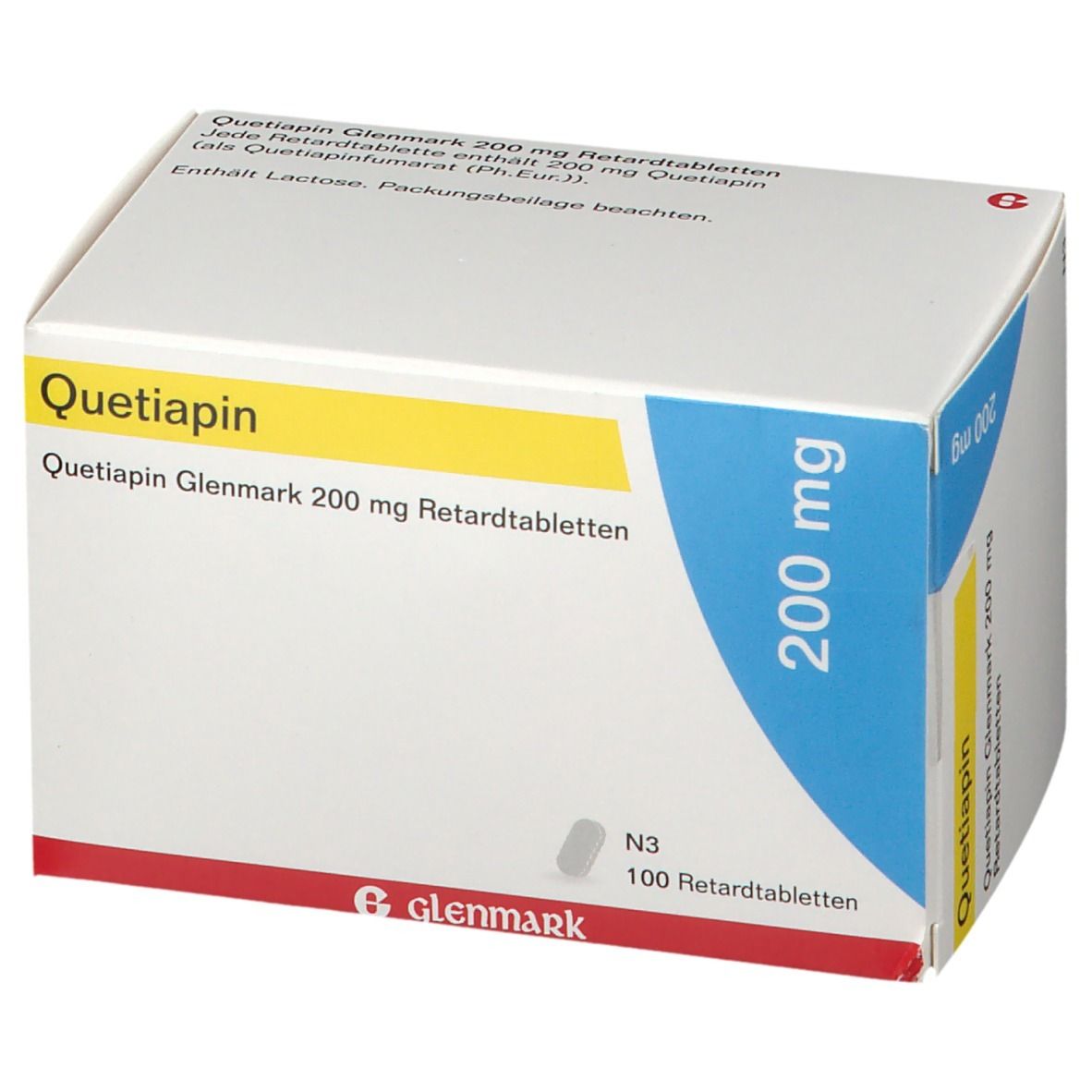Quetiapin Glenmark 200 mg Packung. Weiße Schachtel mit gelben und blauen Akzenten. 100 Retardtabletten.