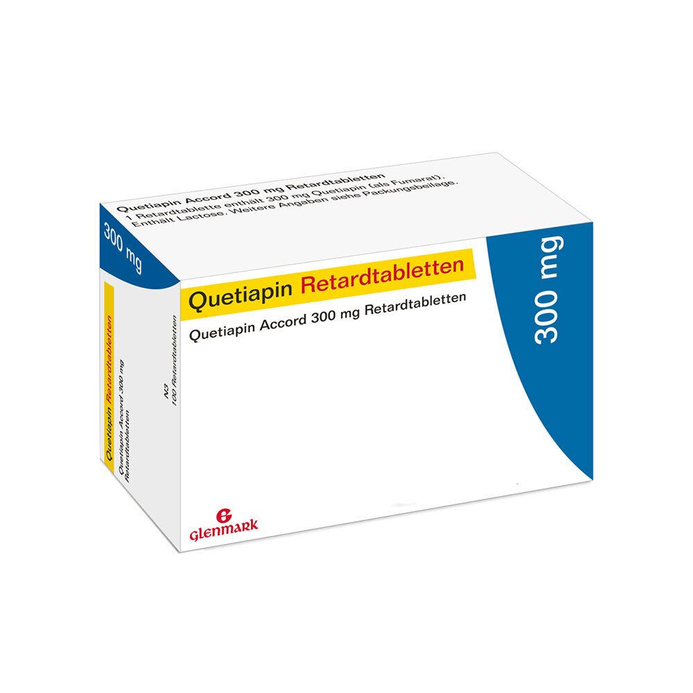 Schachtel mit Quetiapin Accord 300 mg Retardtabletten. Weiße Verpackung mit blauer und gelber Beschriftung. Glenmark Logo.