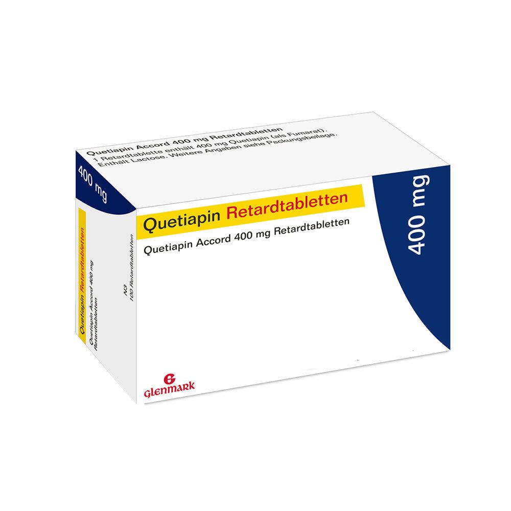 Quetiapin Retardtabletten 400 mg Packung. Weiße Schachtel mit gelben und blauen Akzenten. Glenmark Logo.