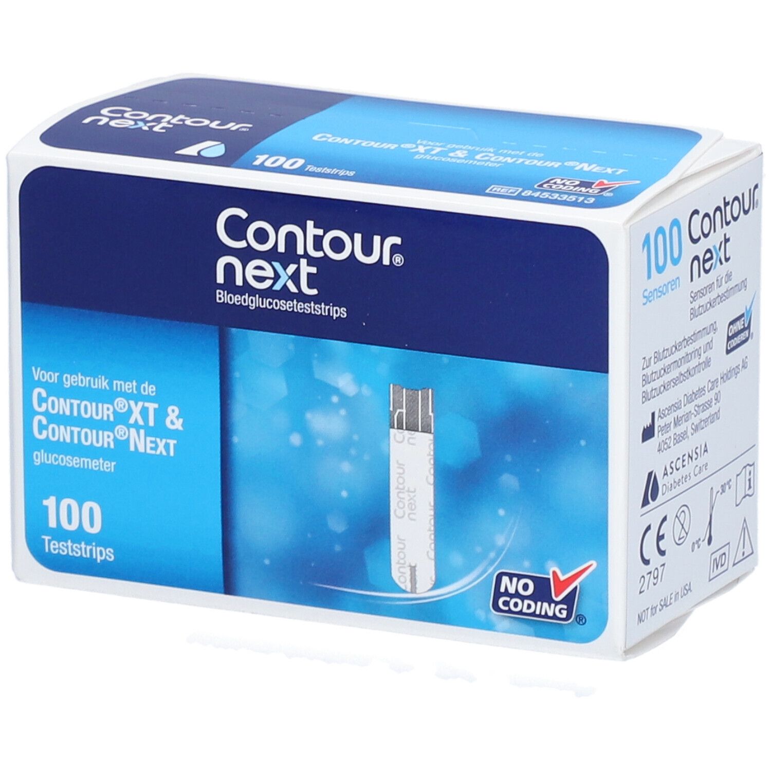 Packung CONTOUR® next. 100 Teststreifen. Aufdruck: Contour next, Blutzuckerteststreifen. Mit Teststreifen-Abbildung.