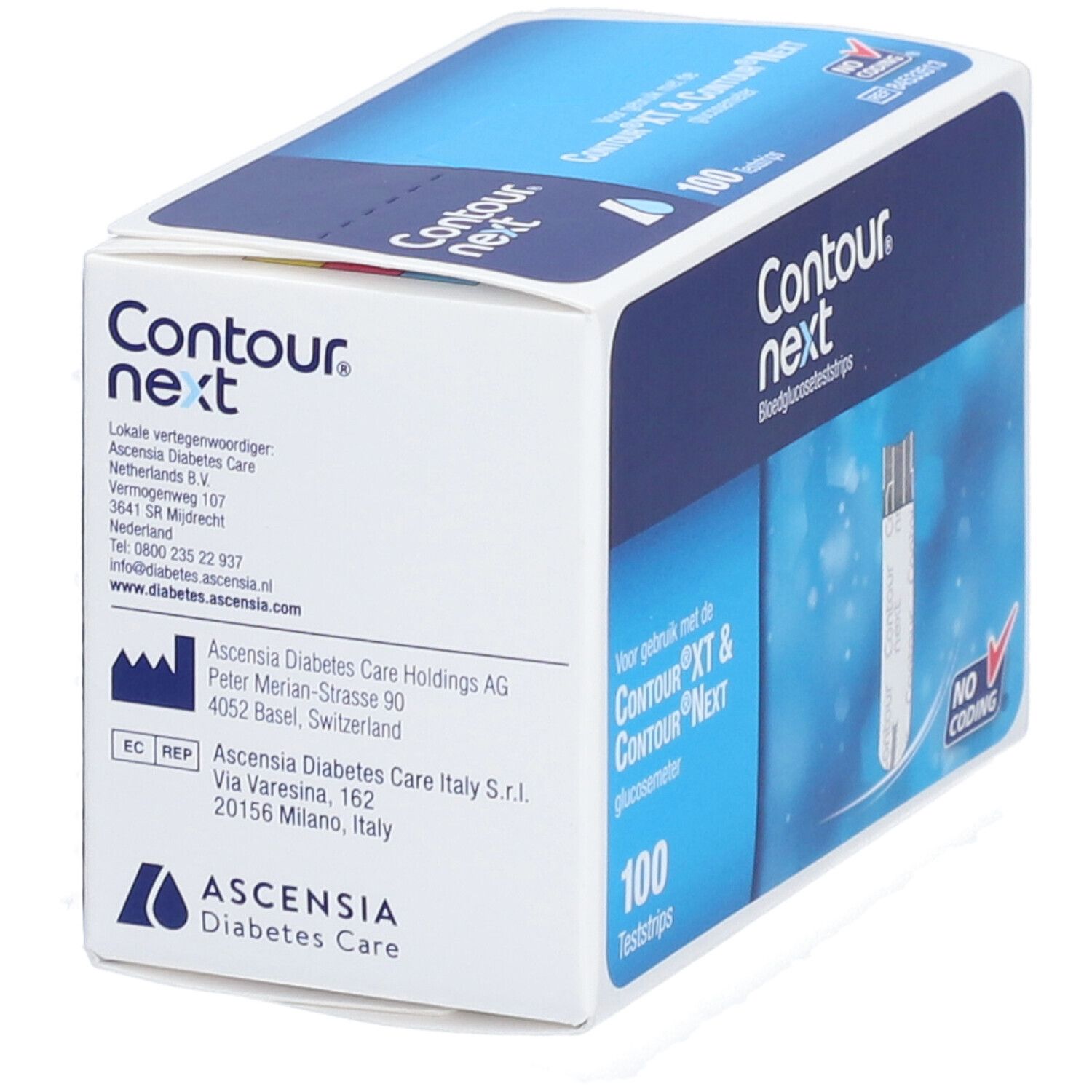 Packung CONTOUR® next. Aufdruck: Contour next, Blutzuckerteststreifen. Mit Adressen und Teststreifen-Abbildung.