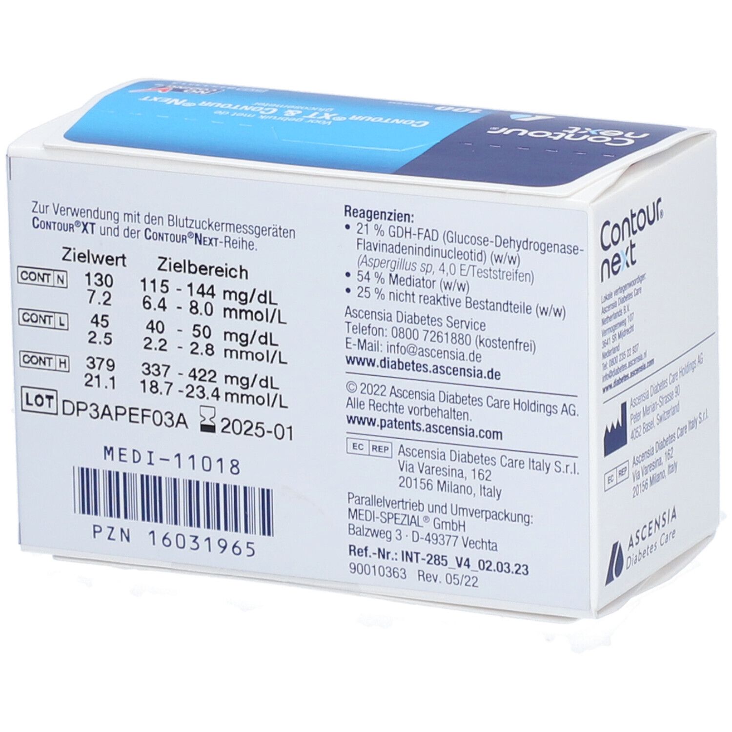 Packung CONTOUR® next. Aufdruck: Contour next. Mit Zielbereich-Tabelle und Inhaltsangaben. Mit Chargennummer.