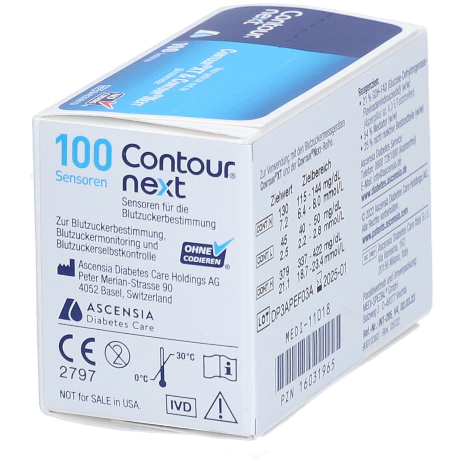 Packung CONTOUR® next. Aufdruck: Contour next. Mit Zielbereich-Tabelle und Inhaltsangaben. Mit Chargennummer.
