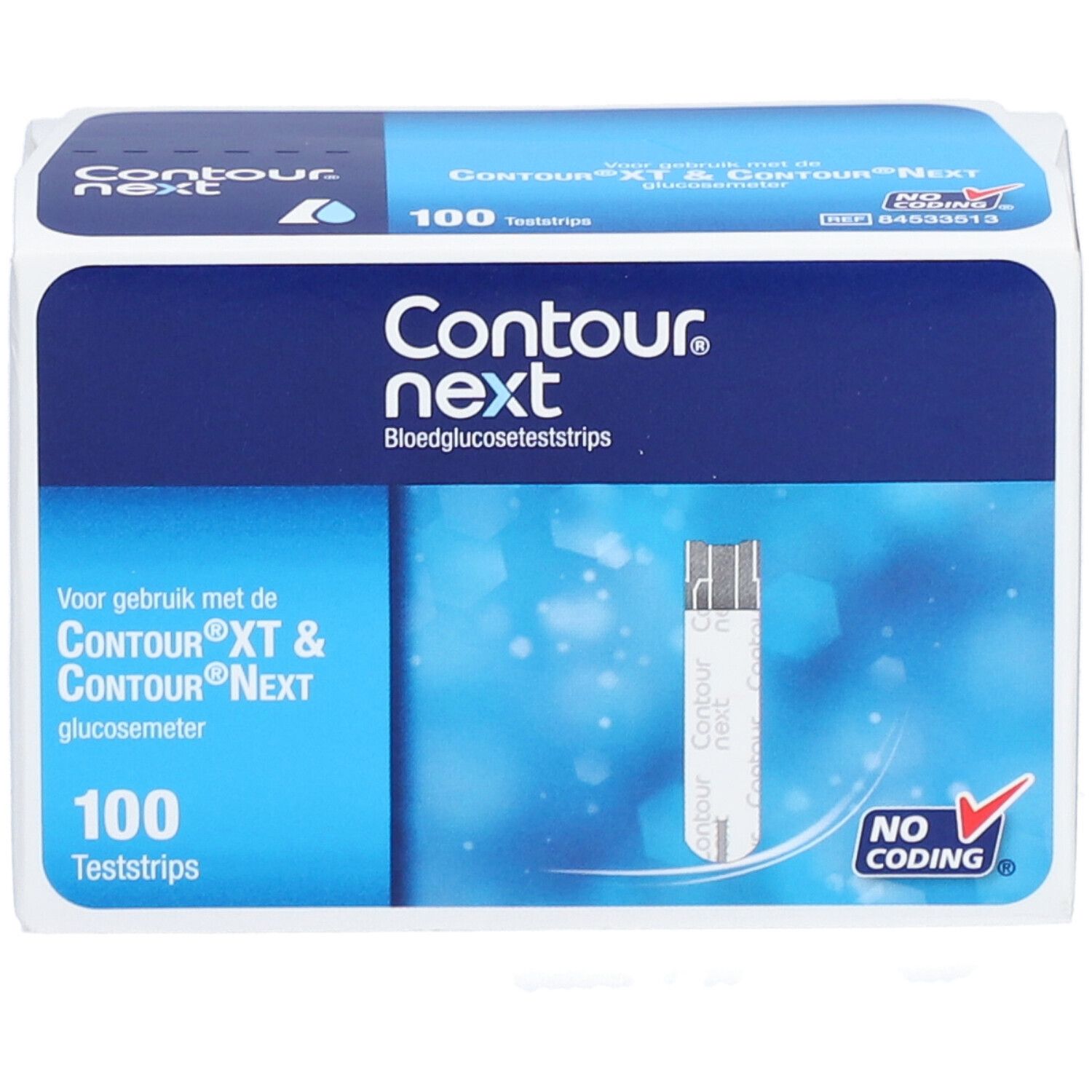 Packung CONTOUR® next. 100 Teststreifen. Aufdruck: Contour next, Blutzuckerteststreifen. Mit Teststreifen-Abbildung.