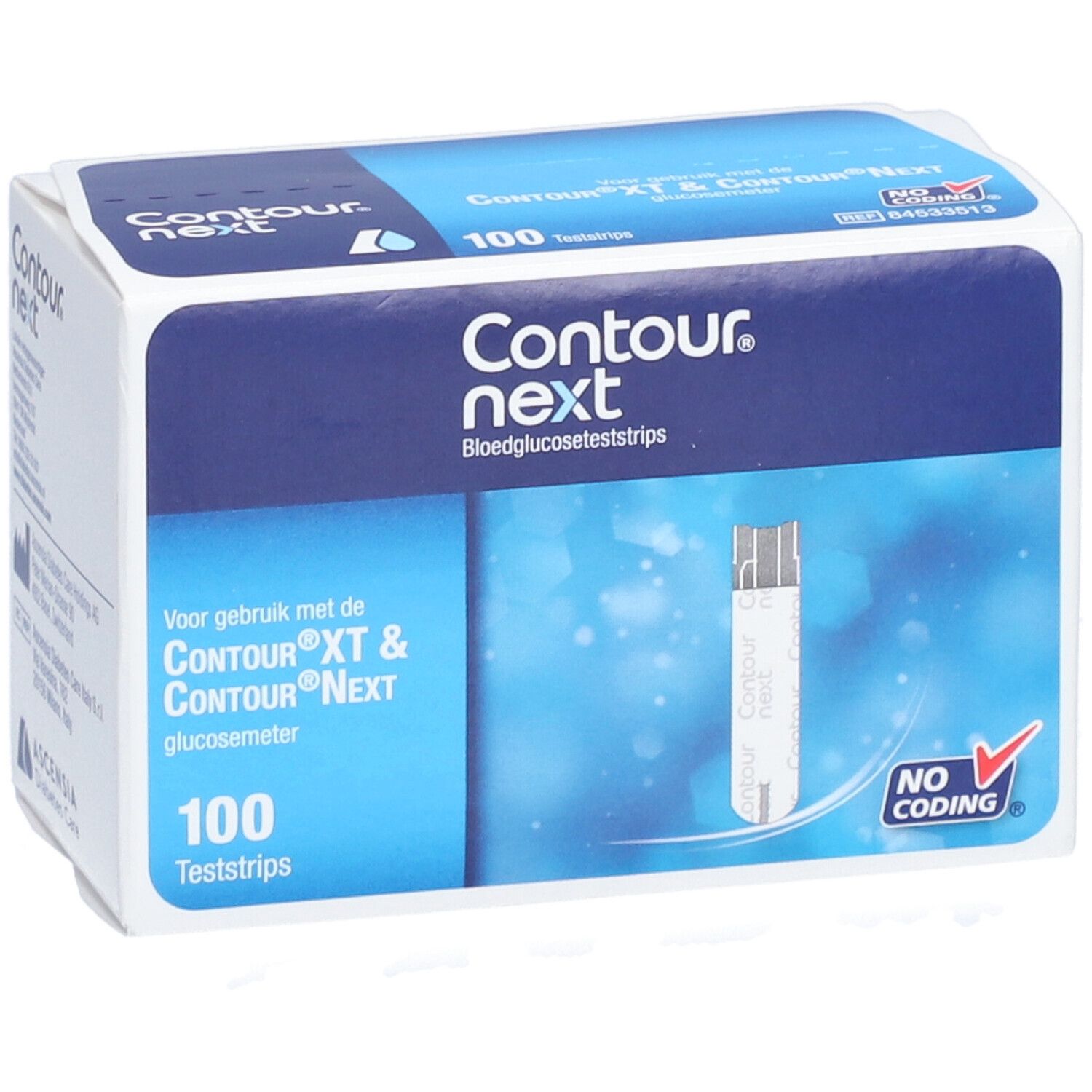 Packung CONTOUR® next. 100 Teststreifen. Aufdruck: Contour next, Blutzuckerteststreifen. Mit Teststreifen-Abbildung.
