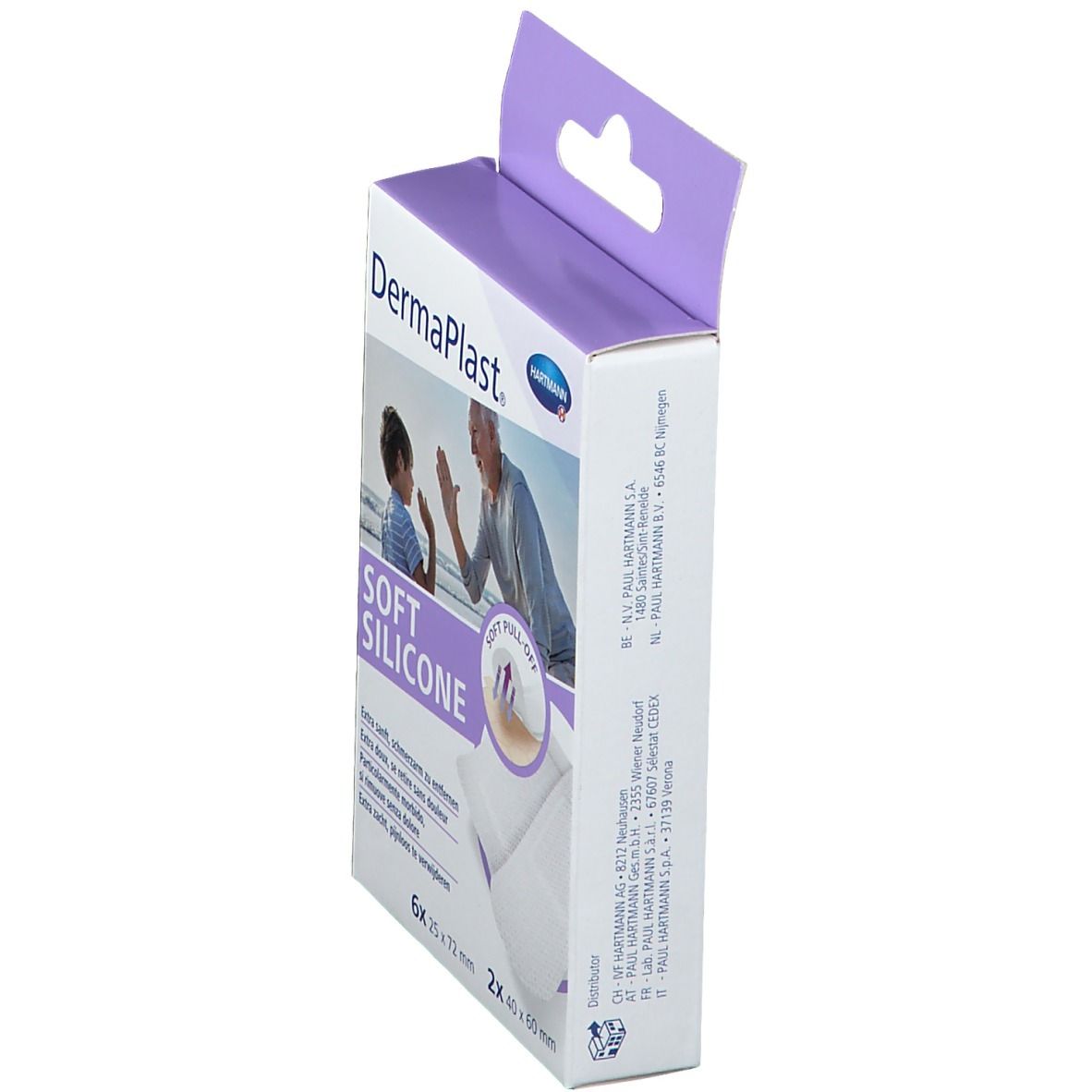 Verpackung mit Pflastern. Marke: DermaPlast Soft Silicone. Sichtbar: 6x 25x72 mm, 2x 40x60 mm. Mit Aufhänger.
