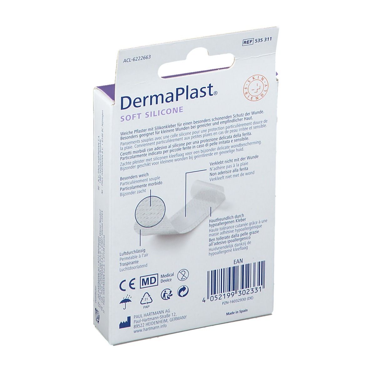 Rückseite der Verpackung. Marke: DermaPlast Soft Silicone. Enthält Informationen und Abbildungen. Medizinprodukt.