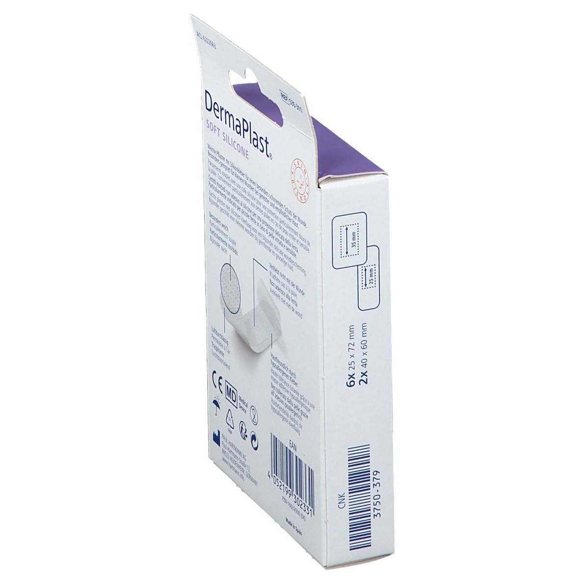 Verpackung mit Pflastern. Marke: DermaPlast Soft Silicone. Enthält Informationen und Größenangaben. Medizinprodukt.