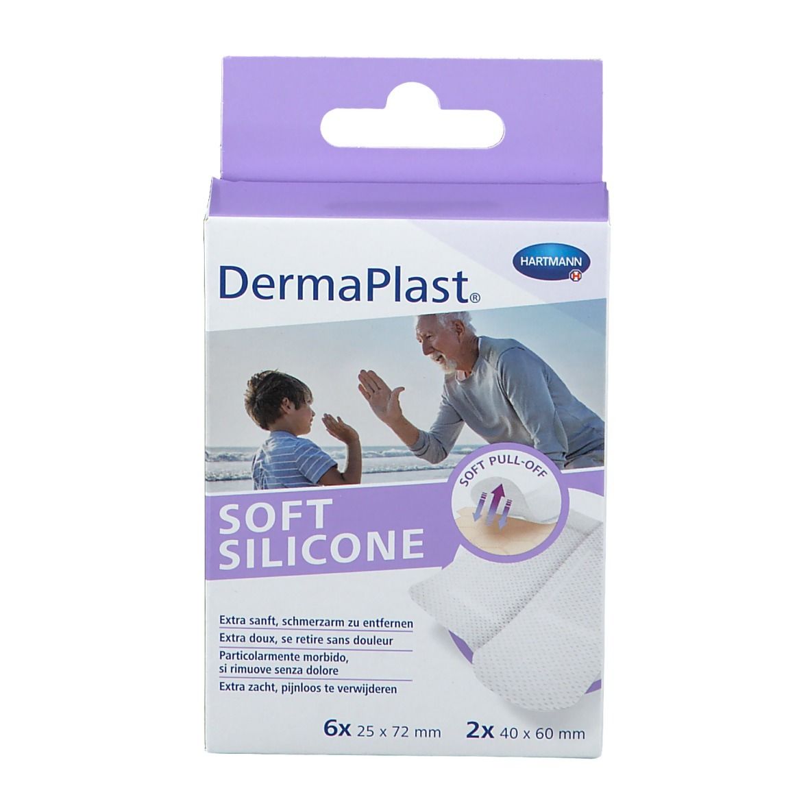 Verpackung mit Pflastern. Marke: DermaPlast Soft Silicone. Abbildung: Mann und Kind am Strand. Größenangaben.
