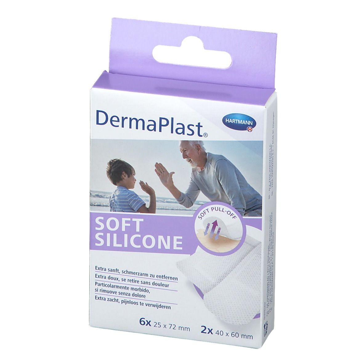 Verpackung mit Pflastern. Marke: DermaPlast Soft Silicone. Abbildung: Mann und Kind am Strand. Größenangaben.