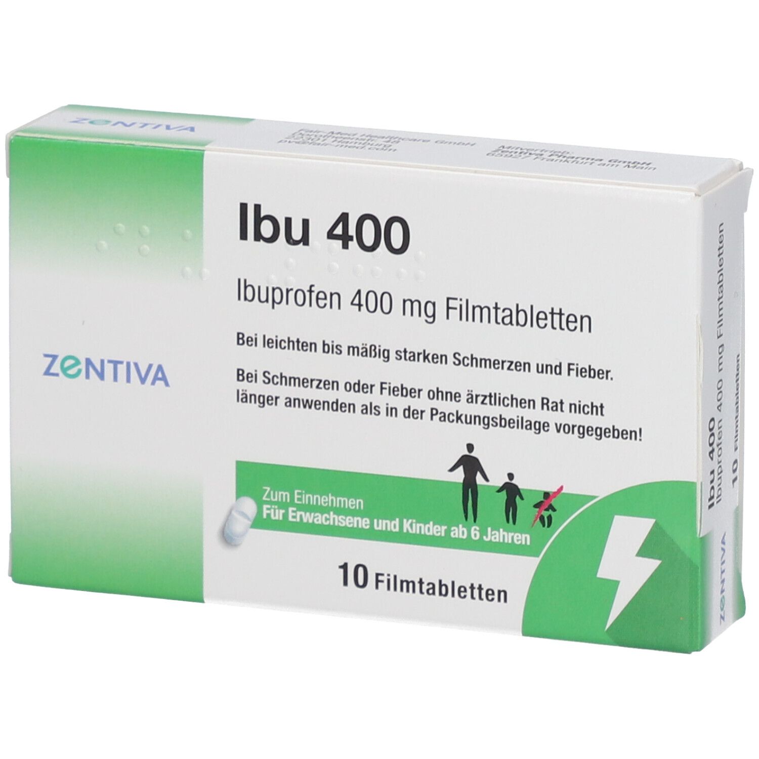 Zentiva Ibu 400 Filmtabletten-Packung. Enthält 10 Tabletten. Aufschrift: Ibu 400, Ibuprofen 400 mg Filmtabletten.