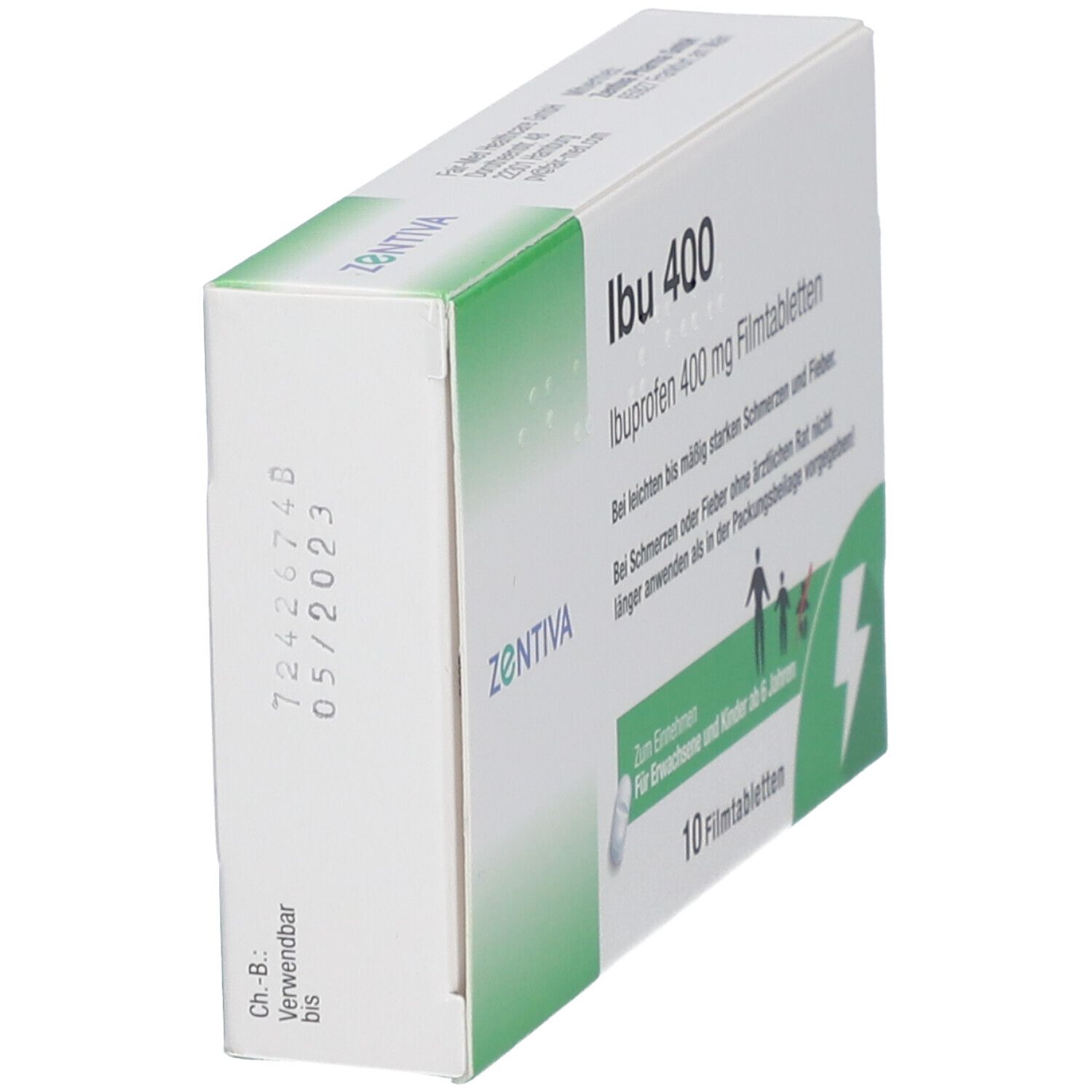 Zentiva Ibu 400 Filmtabletten-Packung. Seitenansicht. Aufschrift: Ibu 400, Ibuprofen 400 mg Filmtabletten. Verfallsdatum: 05/2023.