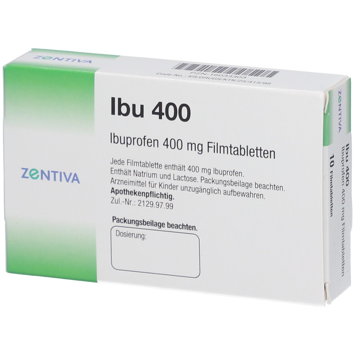 Zentiva Ibu 400 Filmtabletten-Packung. Aufschrift: Ibu 400, Ibuprofen 400 mg Filmtabletten. Apothekenpflichtig.