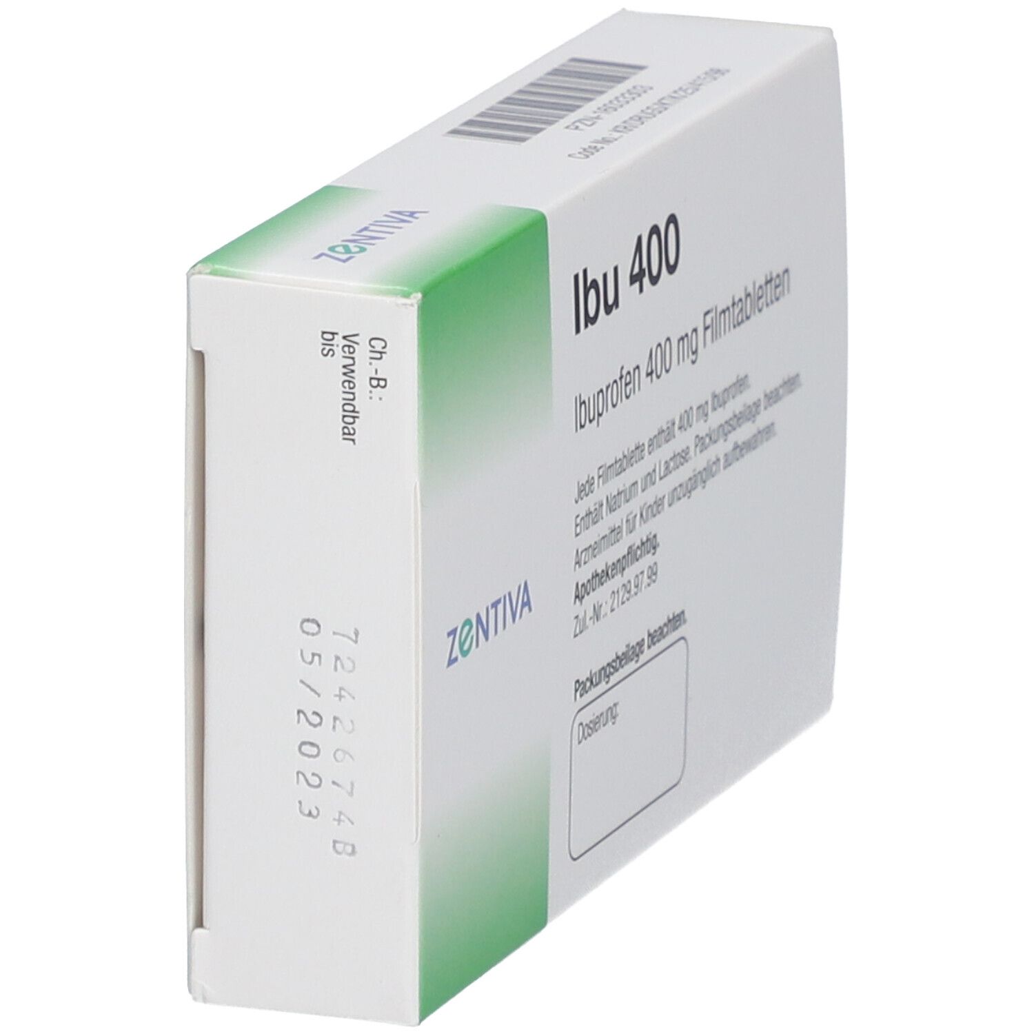 Zentiva Ibu 400 Filmtabletten-Packung. Seitenansicht. Aufschrift: Ibu 400, Ibuprofen 400 mg Filmtabletten. Verfallsdatum: 05/2023.