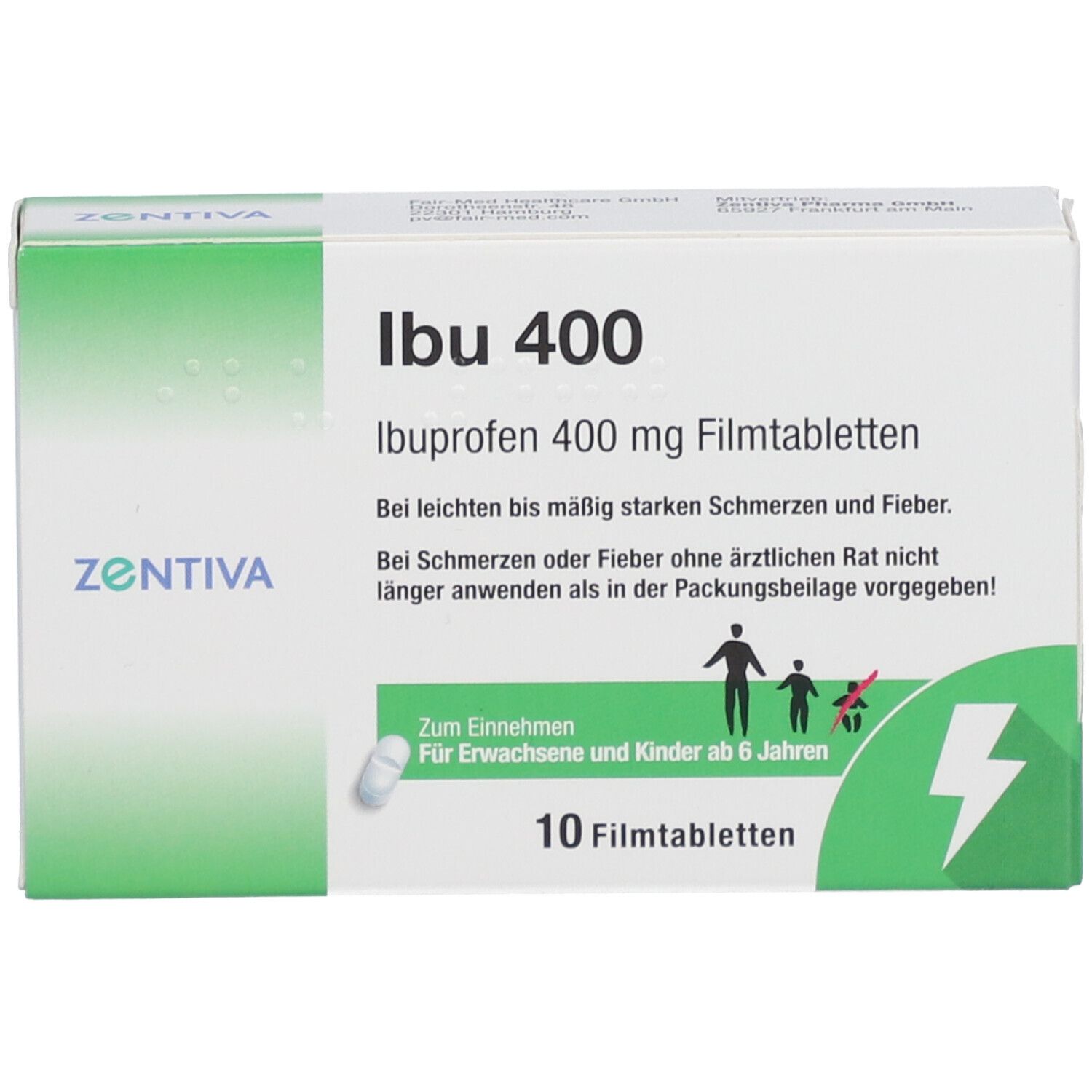 Zentiva Ibu 400 Filmtabletten-Packung. Aufschrift: Ibu 400, Ibuprofen 400 mg Filmtabletten. Für Erwachsene und Kinder ab 6 Jahren.