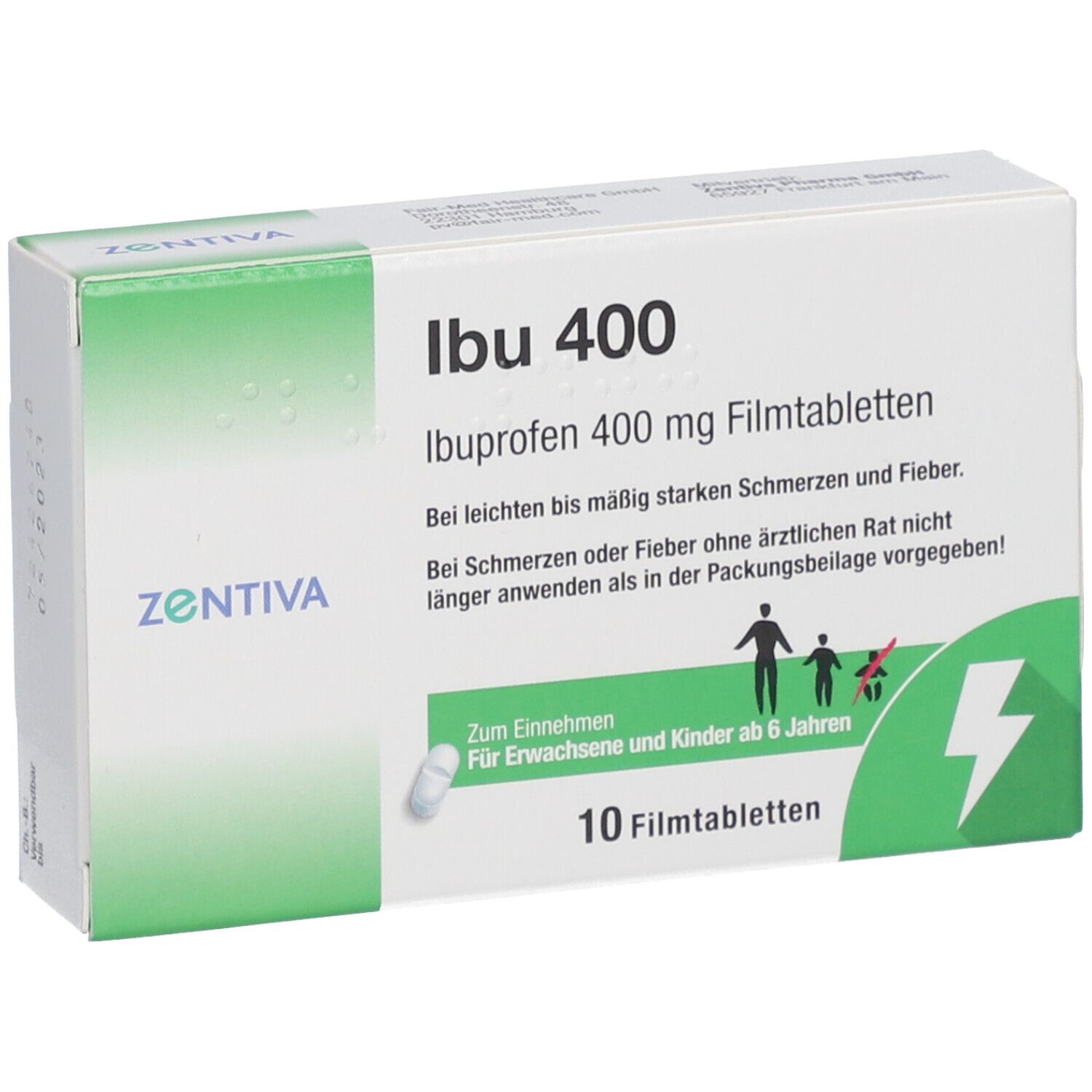 Zentiva Ibu 400 Filmtabletten-Packung. Aufschrift: Ibu 400, Ibuprofen 400 mg Filmtabletten. Für Erwachsene und Kinder ab 6 Jahren.