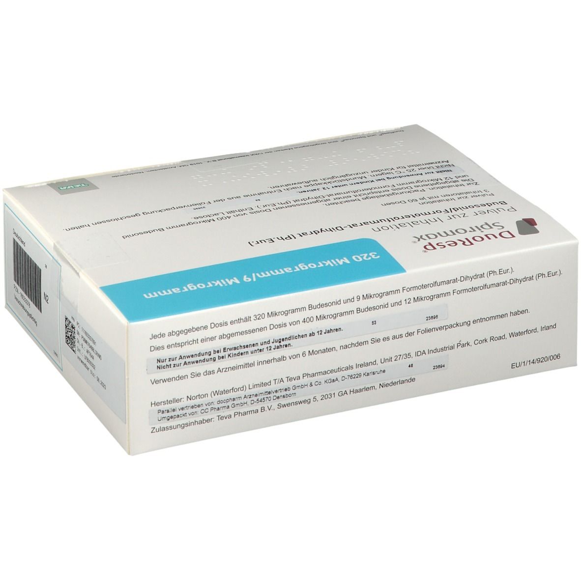 Weiße Schachtel mit blauem Akzent. Aufschrift: DuoResp Spiromox, 320 Mikrogramm/9 Mikrogramm. Textinformationen.