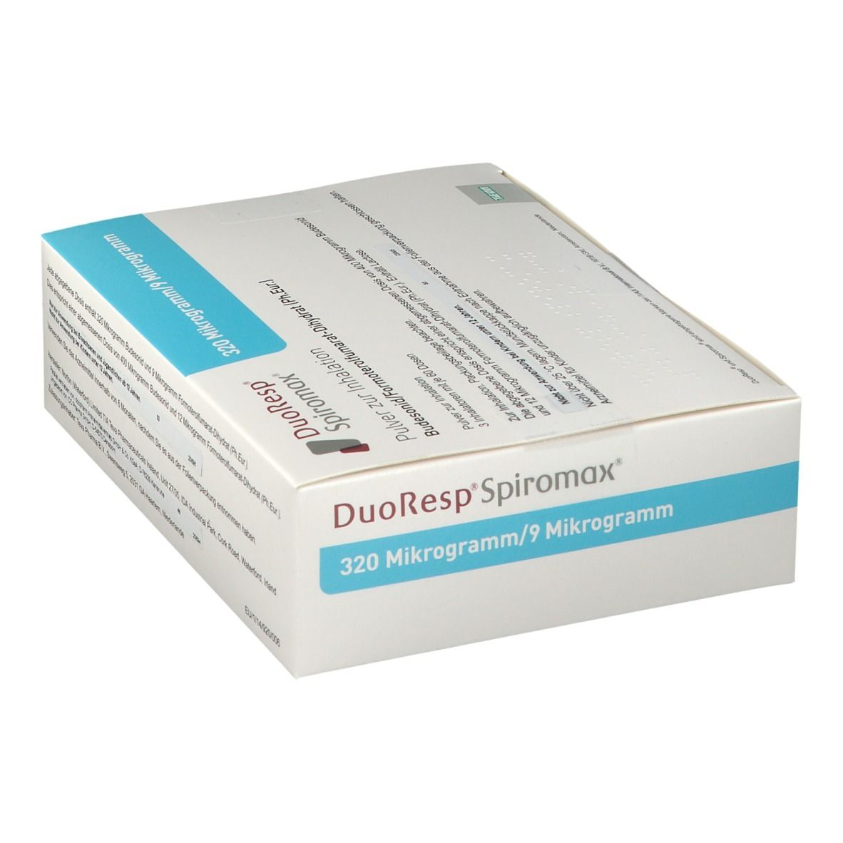 Weiße Schachtel mit blauem Akzent. Aufschrift: DuoResp Spiromox, 320 Mikrogramm/9 Mikrogramm. Produktname und Dosierung.