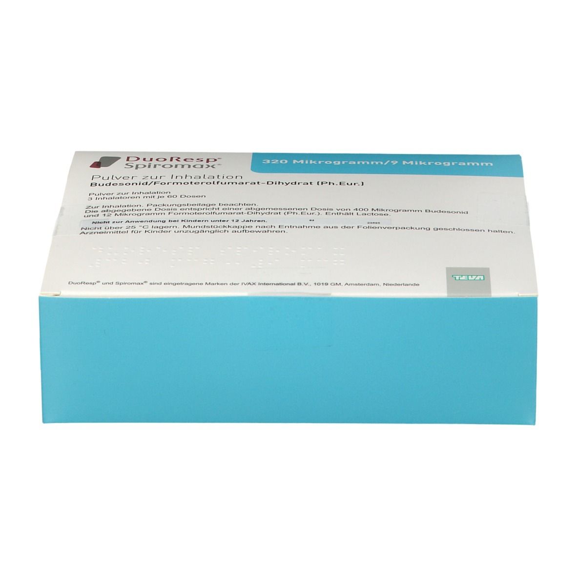 Weiße Schachtel mit blauem Akzent. Aufschrift: DuoResp Spiromox, 320 Mikrogramm/9 Mikrogramm. Produktinformationen.