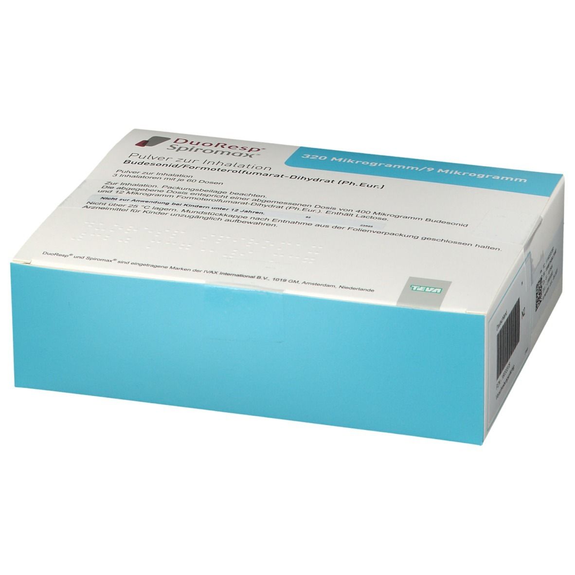 Weiße Schachtel mit blauem Akzent. Aufschrift: DuoResp Spiromox, 320 Mikrogramm/9 Mikrogramm. Produktinformationen.