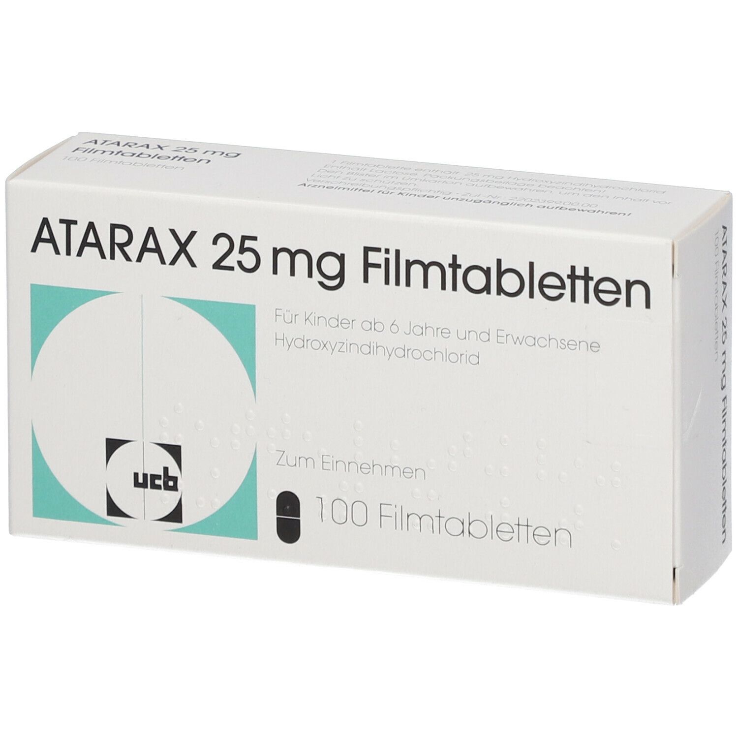 Schachtel mit ATARAX 25 mg Filmtabletten. Aufschrift: Für Kinder ab 6 Jahre und Erwachsene. 100 Filmtabletten. UCB-Logo.