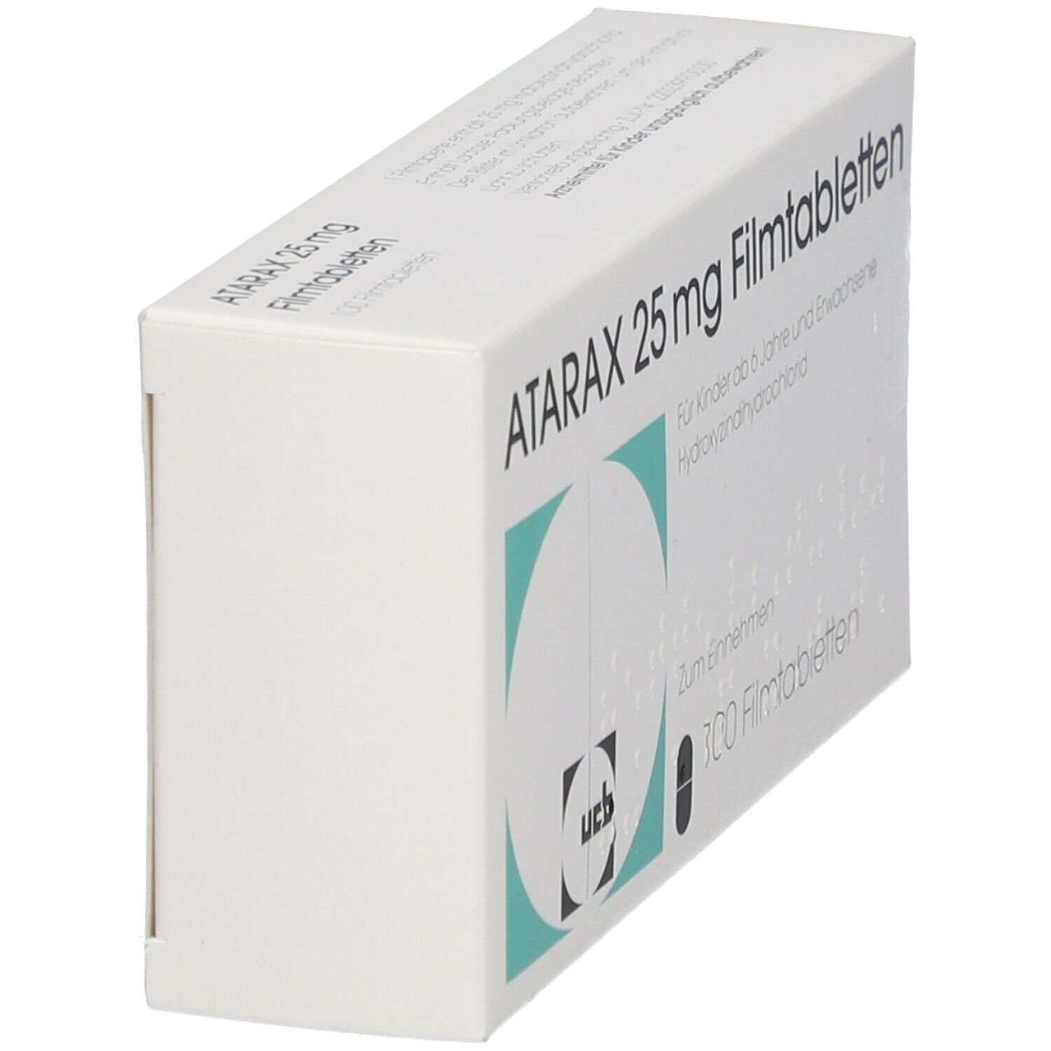 Schachtel mit ATARAX 25 mg Filmtabletten. Seitenansicht. UCB-Logo. Text: Für Kinder ab 6 Jahre und Erwachsene. 100 Filmtabletten.