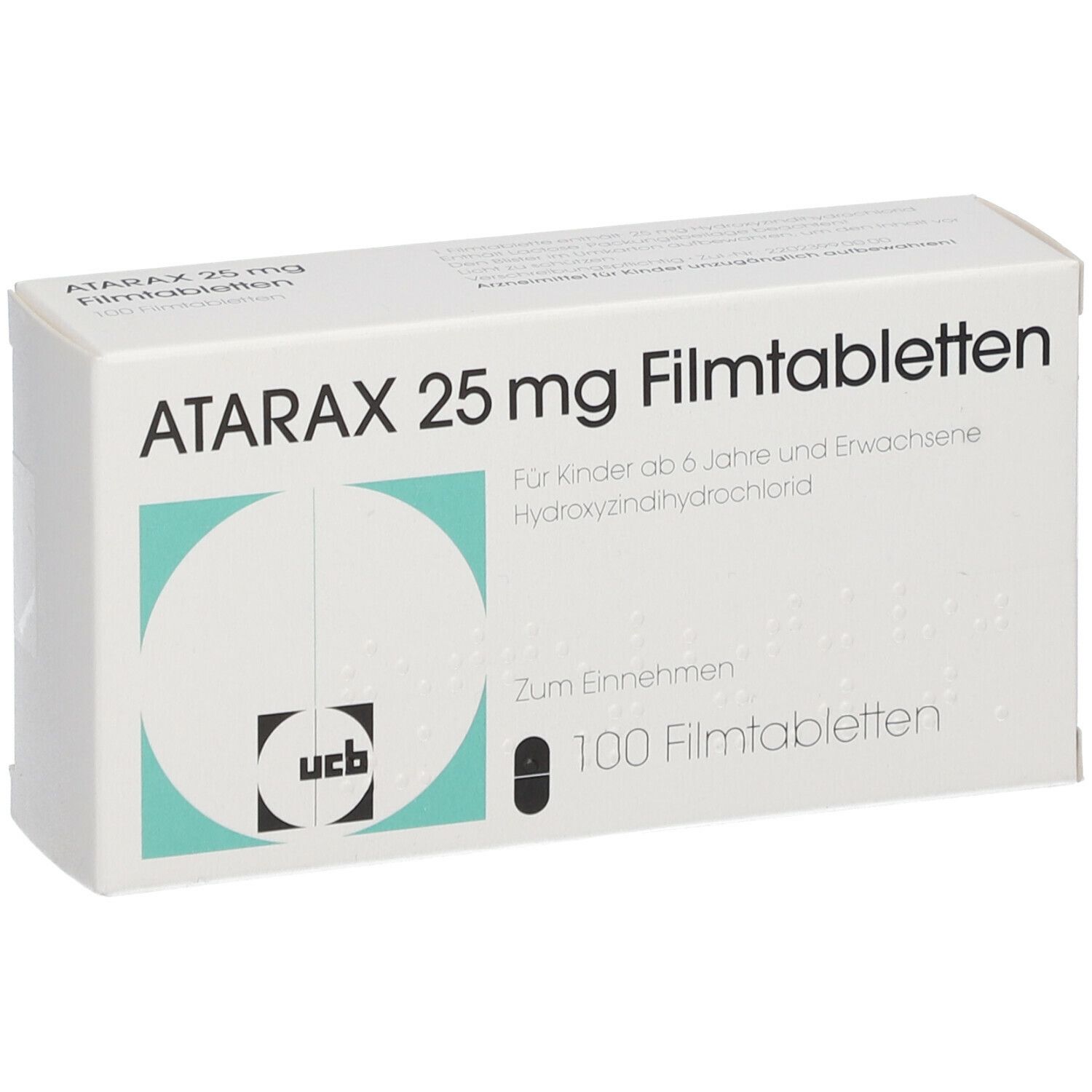 Schachtel mit ATARAX 25 mg Filmtabletten. Aufschrift: Für Kinder ab 6 Jahre und Erwachsene. 100 Filmtabletten. UCB-Logo.