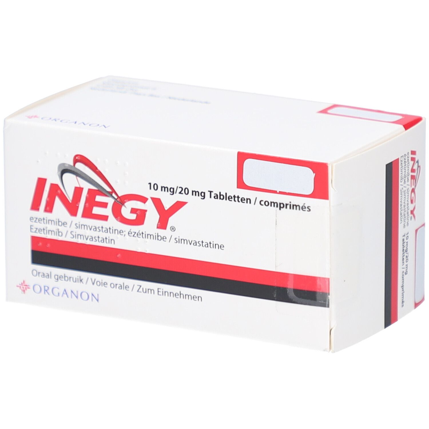 INEGY 10 mg/20 mg Tabletten-Packung. Weißer Karton mit roter und schwarzer Schrift. Logo und Produktname deutlich sichtbar.