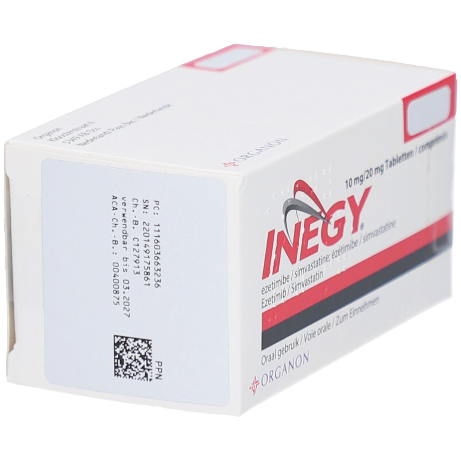 INEGY-Packung, Seitenansicht. Weißer Karton mit roter und schwarzer Schrift. Produktname und Dosierung sichtbar.