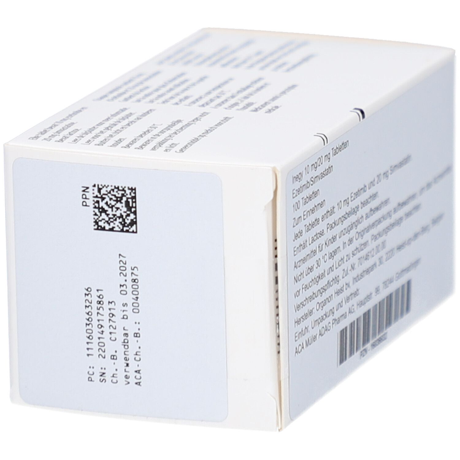 Rückseite der INEGY-Packung. QR-Code und Textinformationen. Weißer Karton. Produktname und Dosierung sichtbar.