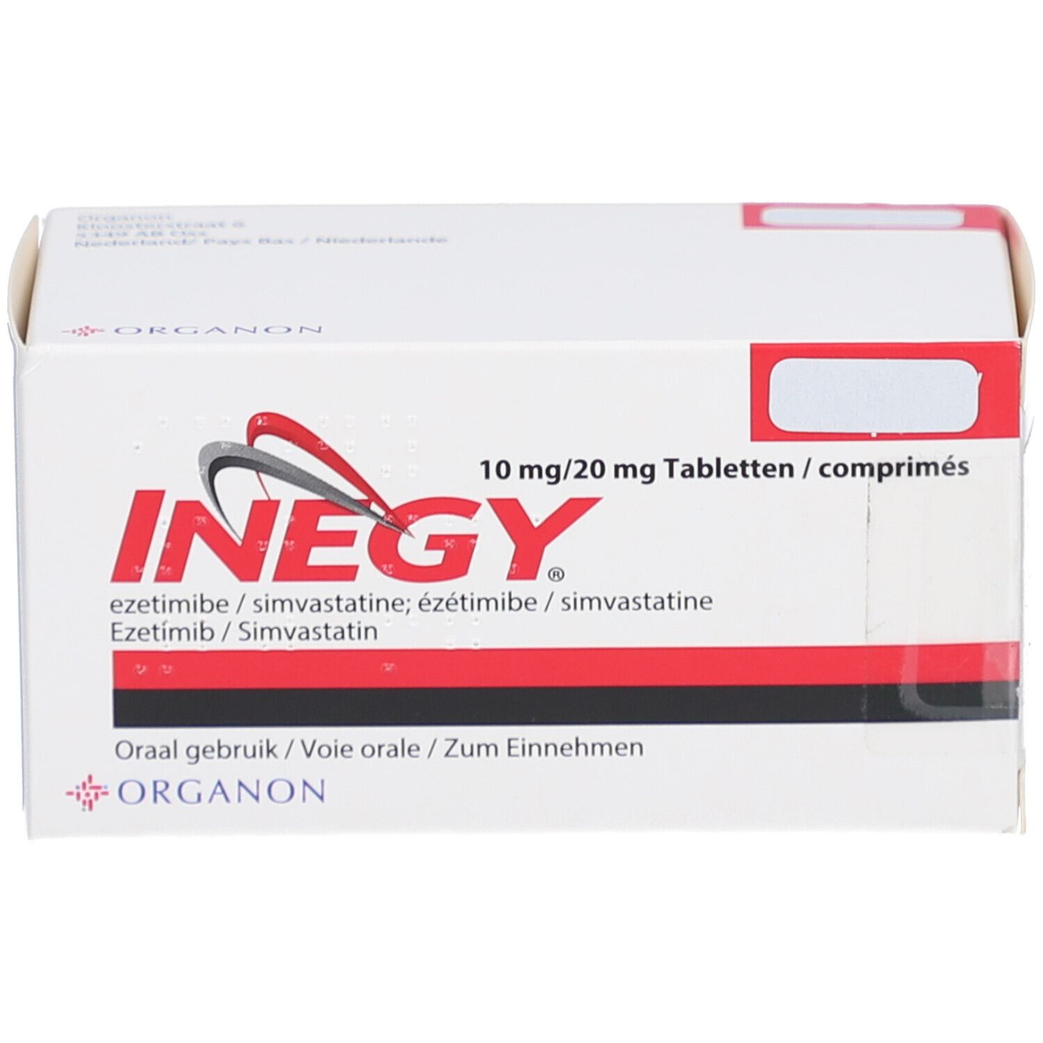 INEGY-Packung, Vorderansicht. Weißer Karton mit roter und schwarzer Schrift. Produktname und Dosierung deutlich.