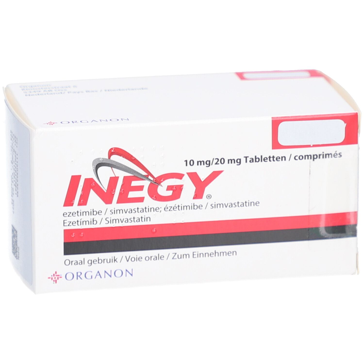 INEGY-Packung, Vorderansicht. Weißer Karton mit roter und schwarzer Schrift. Produktname und Dosierung sichtbar.