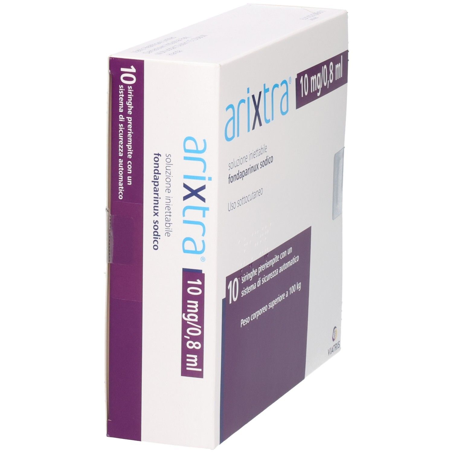 Arixtra-Verpackung, schräg. Aufschrift: 10 mg/0,8 ml. Enthält 10 Fertigspritzen. Viatris-Logo.
