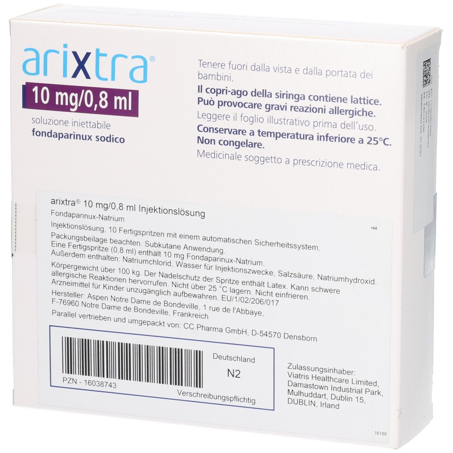 Rückseite der Arixtra-Verpackung. Enthält Informationen und Warnhinweise. Viatris-Logo.