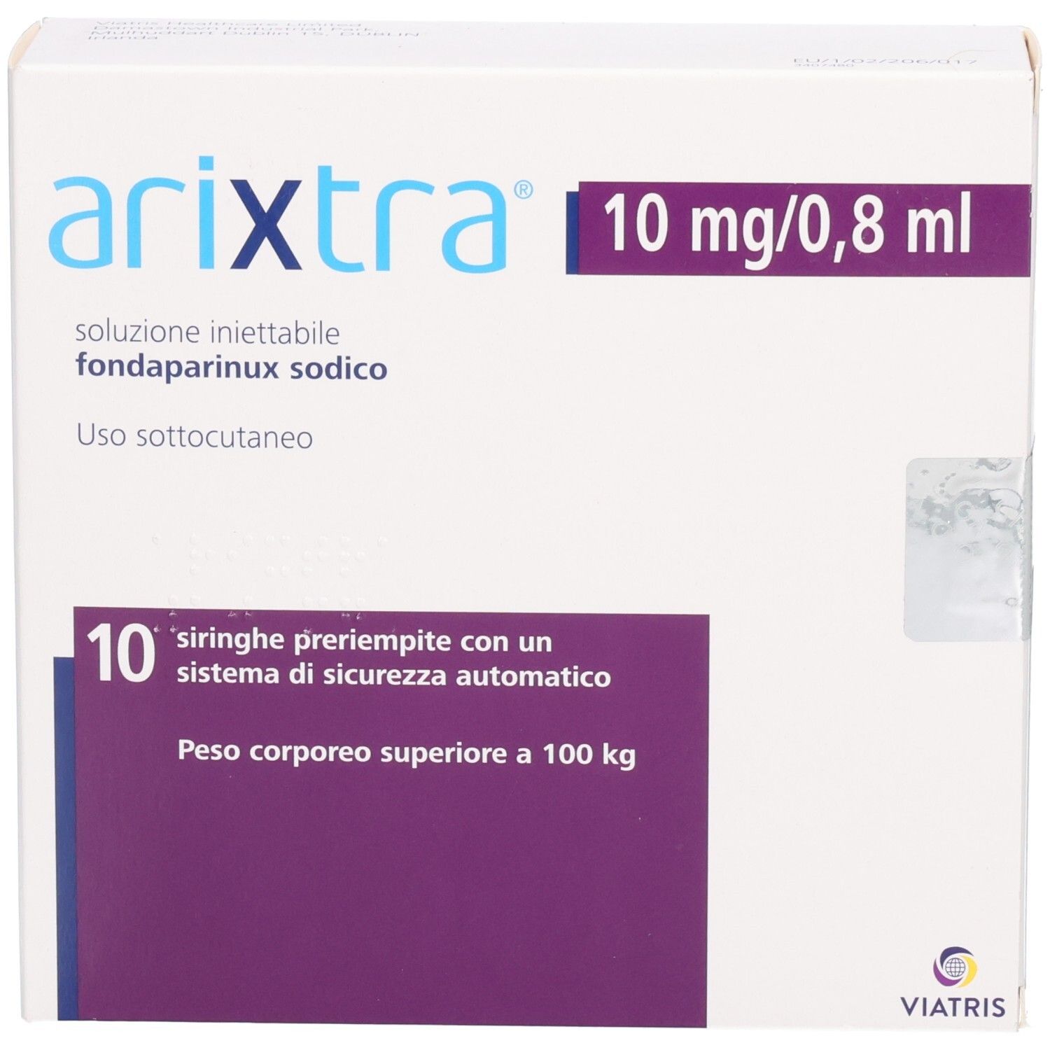 Arixtra-Verpackung. Enthält 10 Fertigspritzen. Aufschrift: 10 mg/0,8 ml. Viatris-Logo.